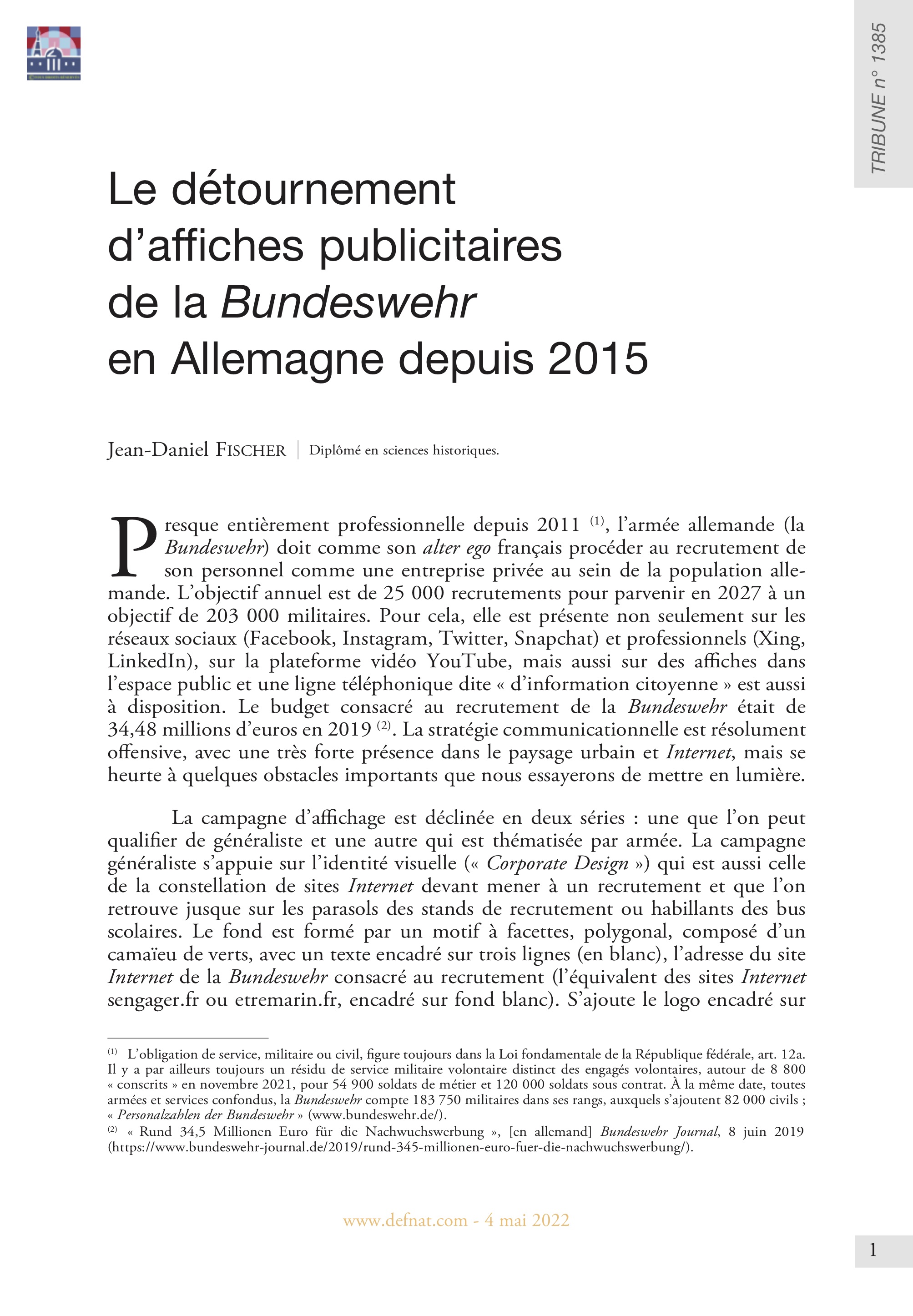 Le détournement d’affiches publicitaires de la Bundeswehr en Allemagne depuis 2015 (T 1385)
